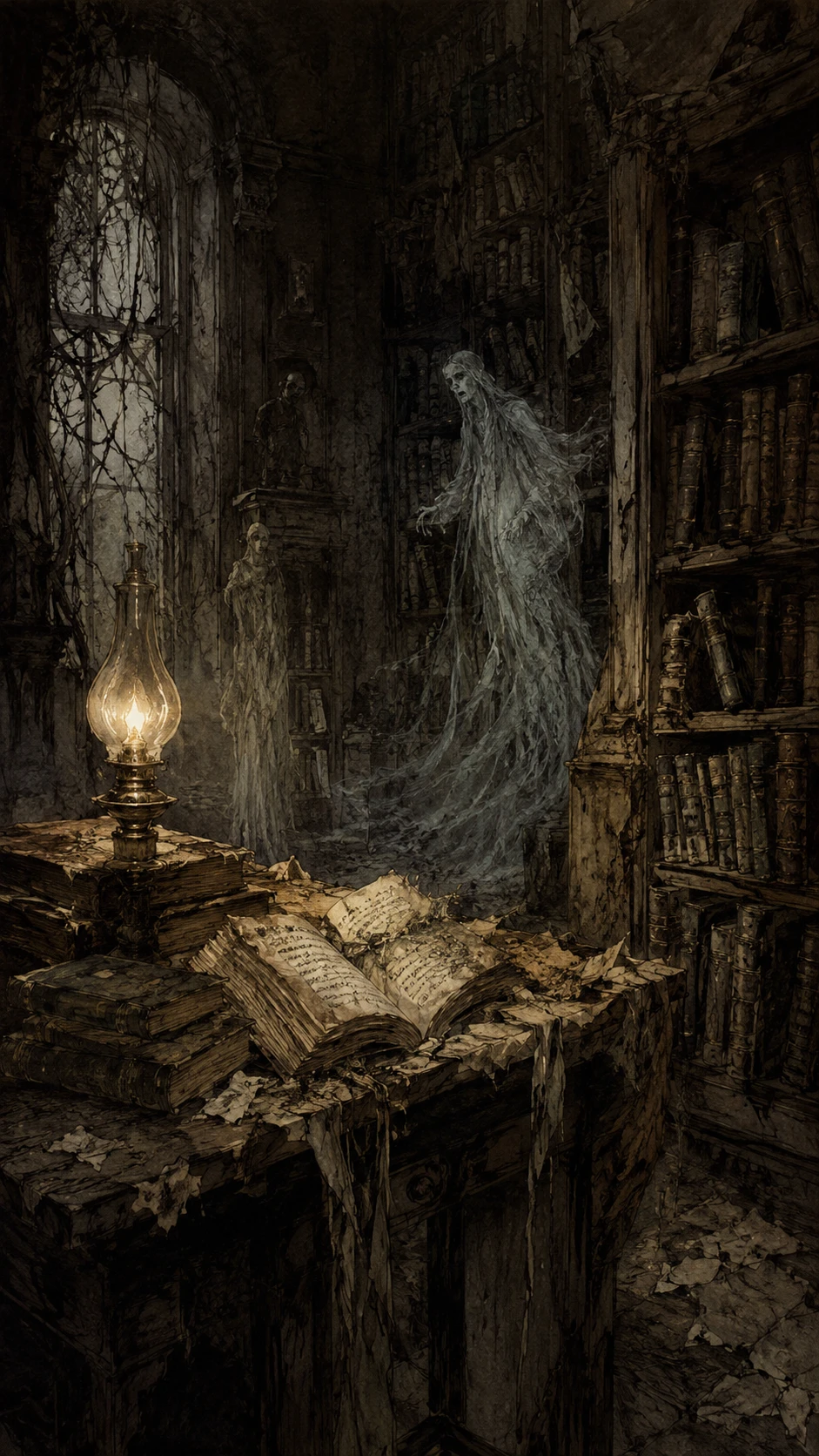 Forgotten library under a single flickering gas lamp