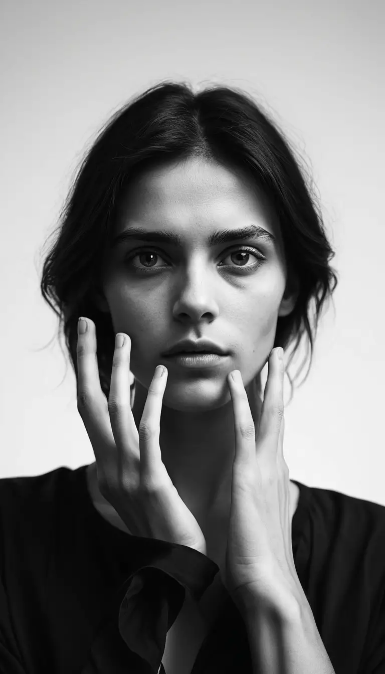 Surreal low angle portrait with enlarged hand in monochrome