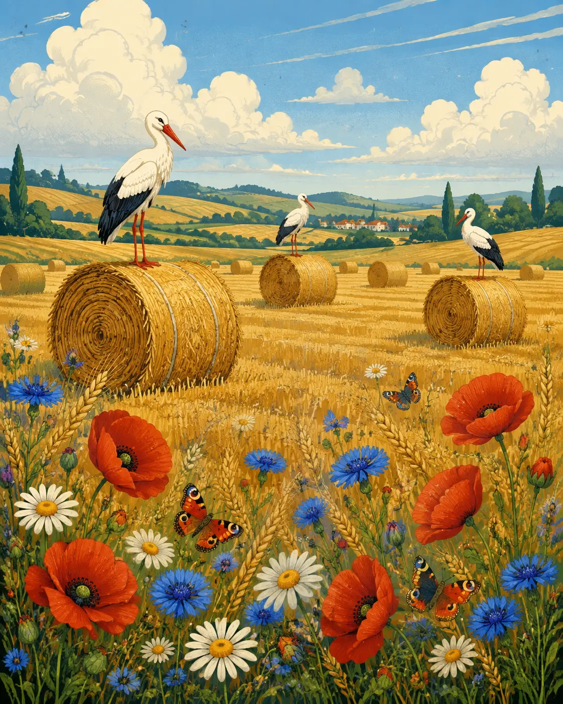 Whimsical storks on straw bales in a summer wheat field