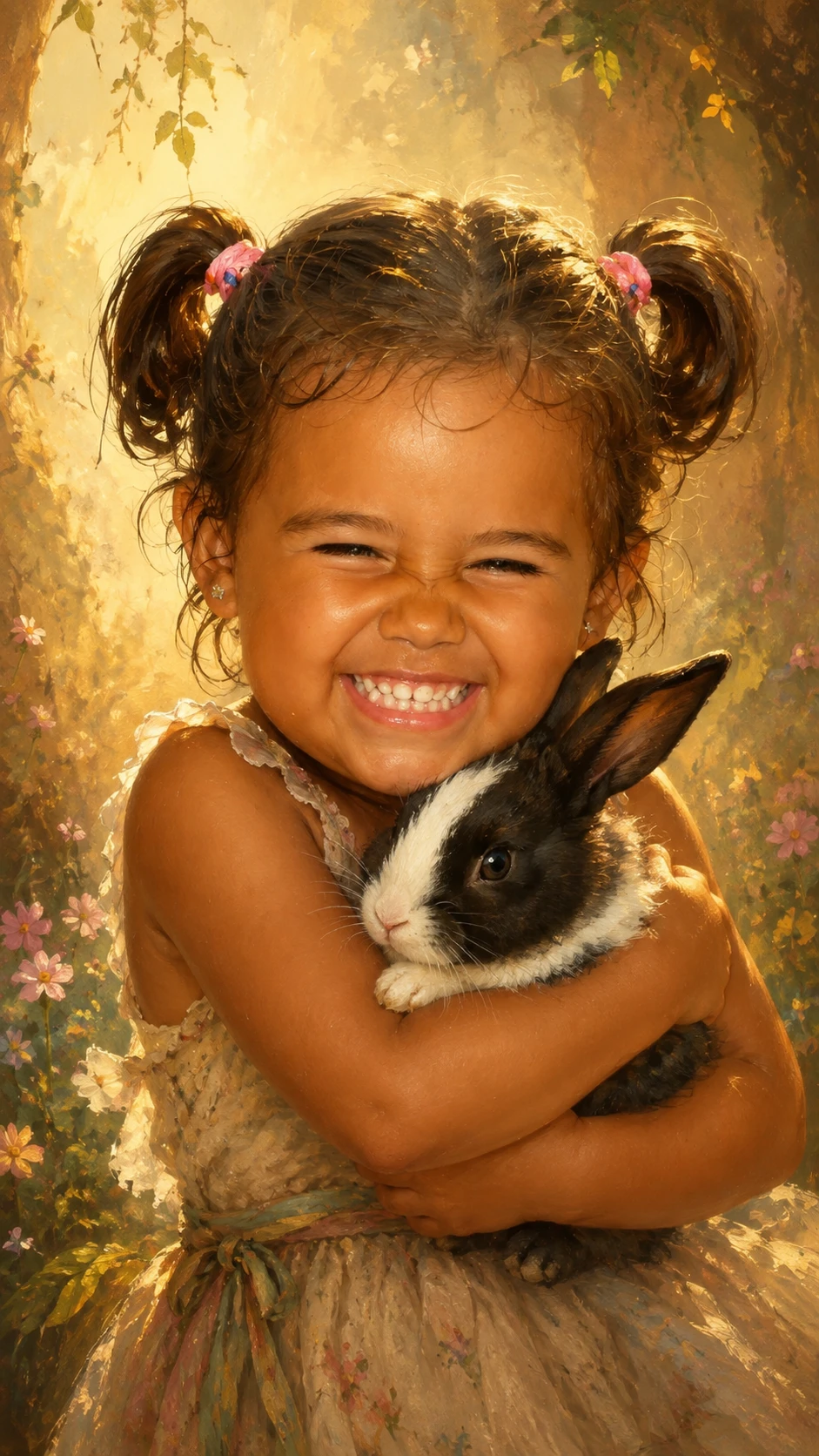 Whimsical young girl with black and white rabbit in warm light