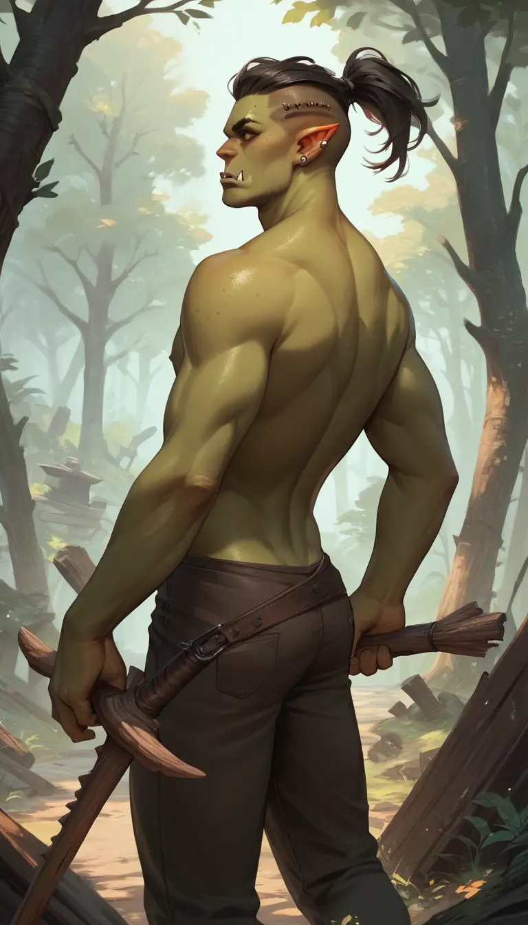 Orc warrior holding a wooden weapon in a forest