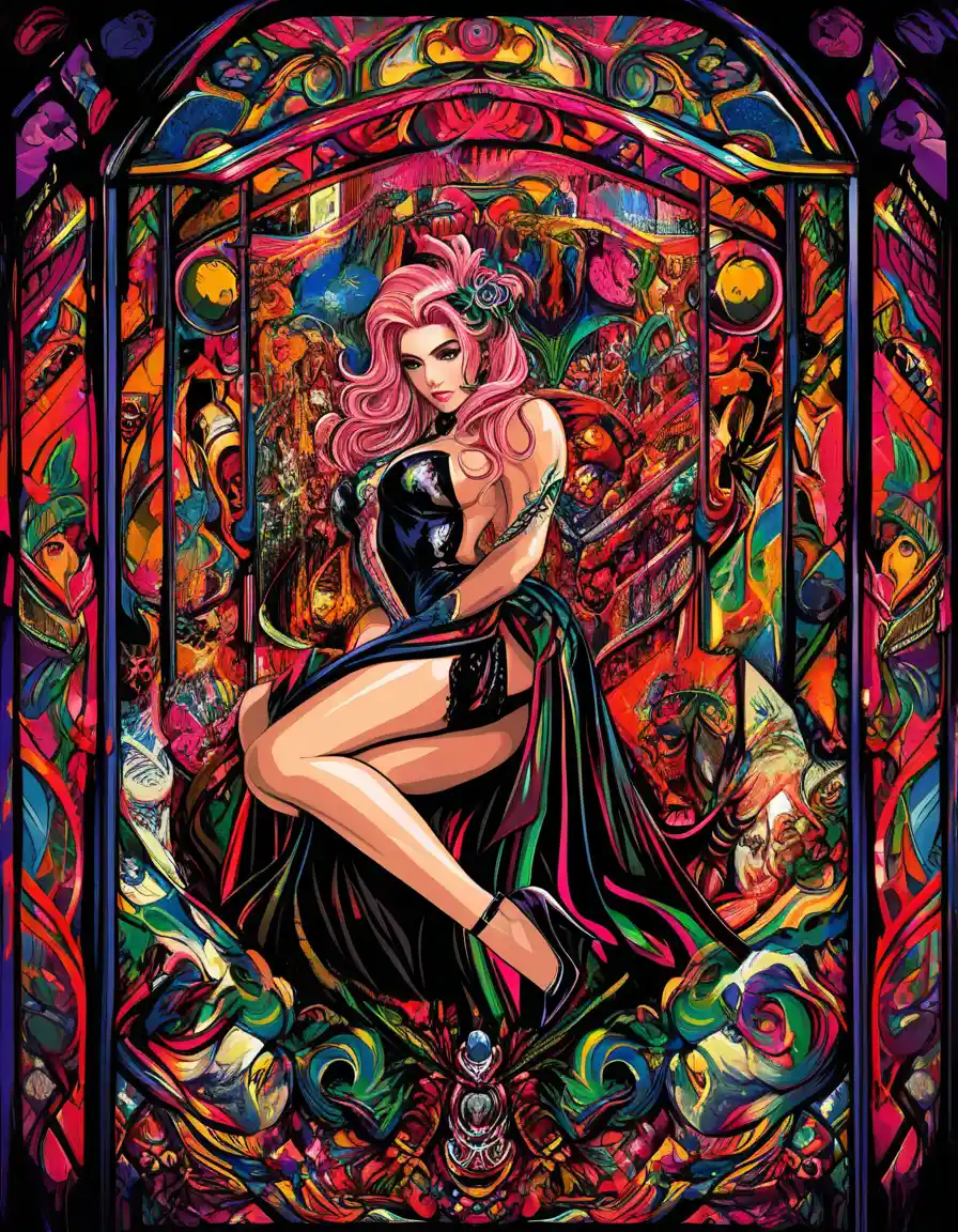 Pink haired fantasy woman in dark opulent gala gown