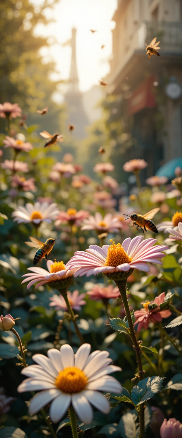 Close up bees flying among colorful garden flowers