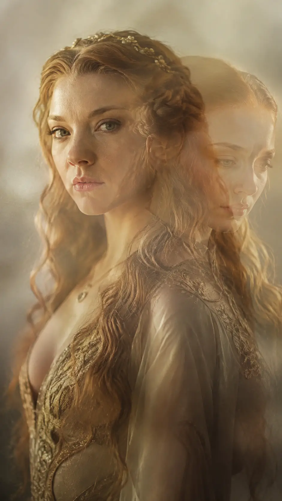 Ethereal double exposure portrait of two serene women