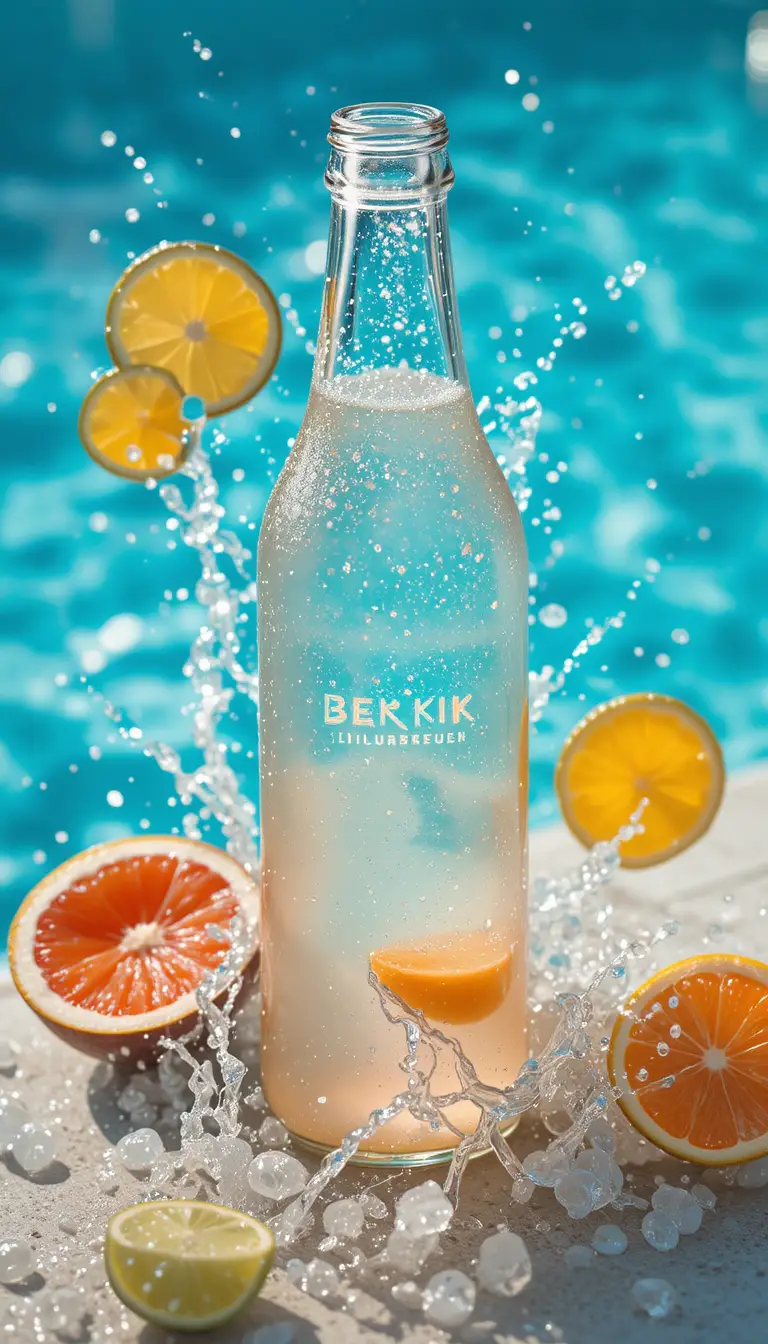 Tropical drink bottle by turquoise swimming pool with splashing water