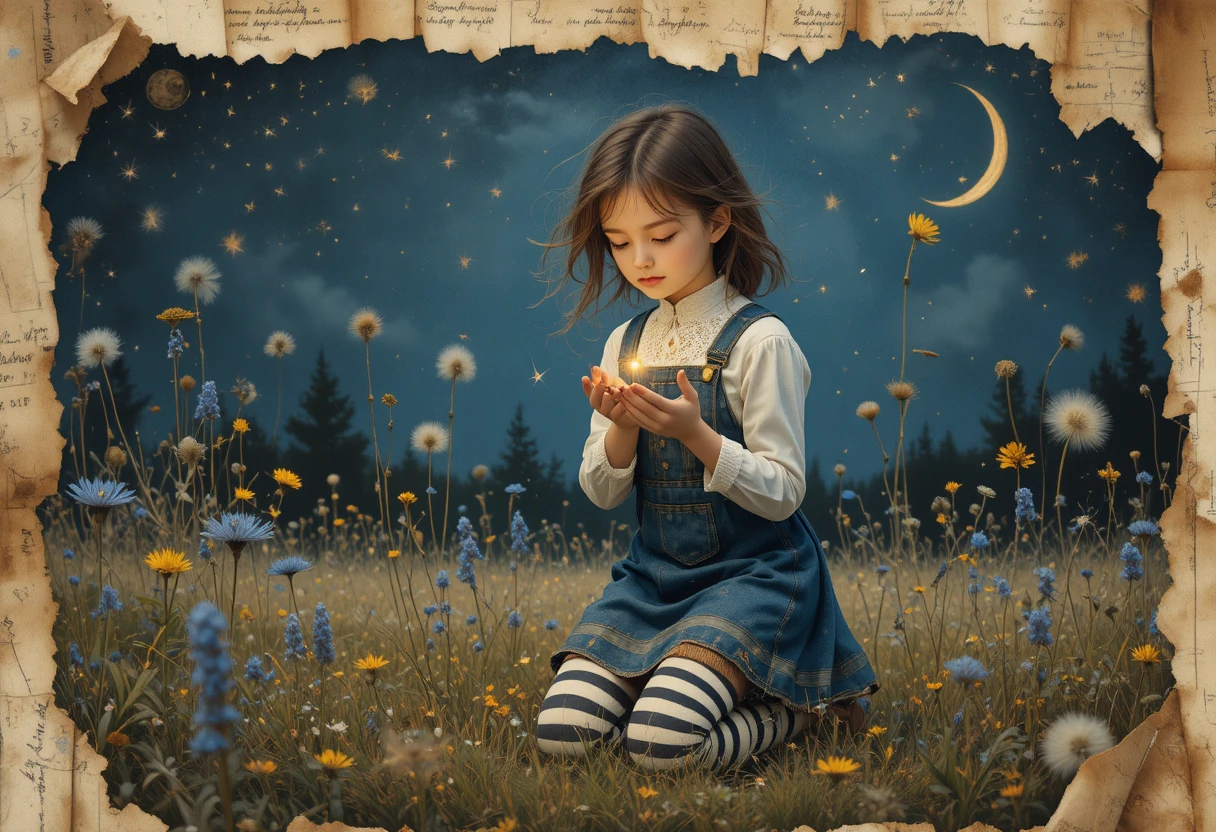 Girl Cradling A Firefly In A Moonlit Wildflower Meadow