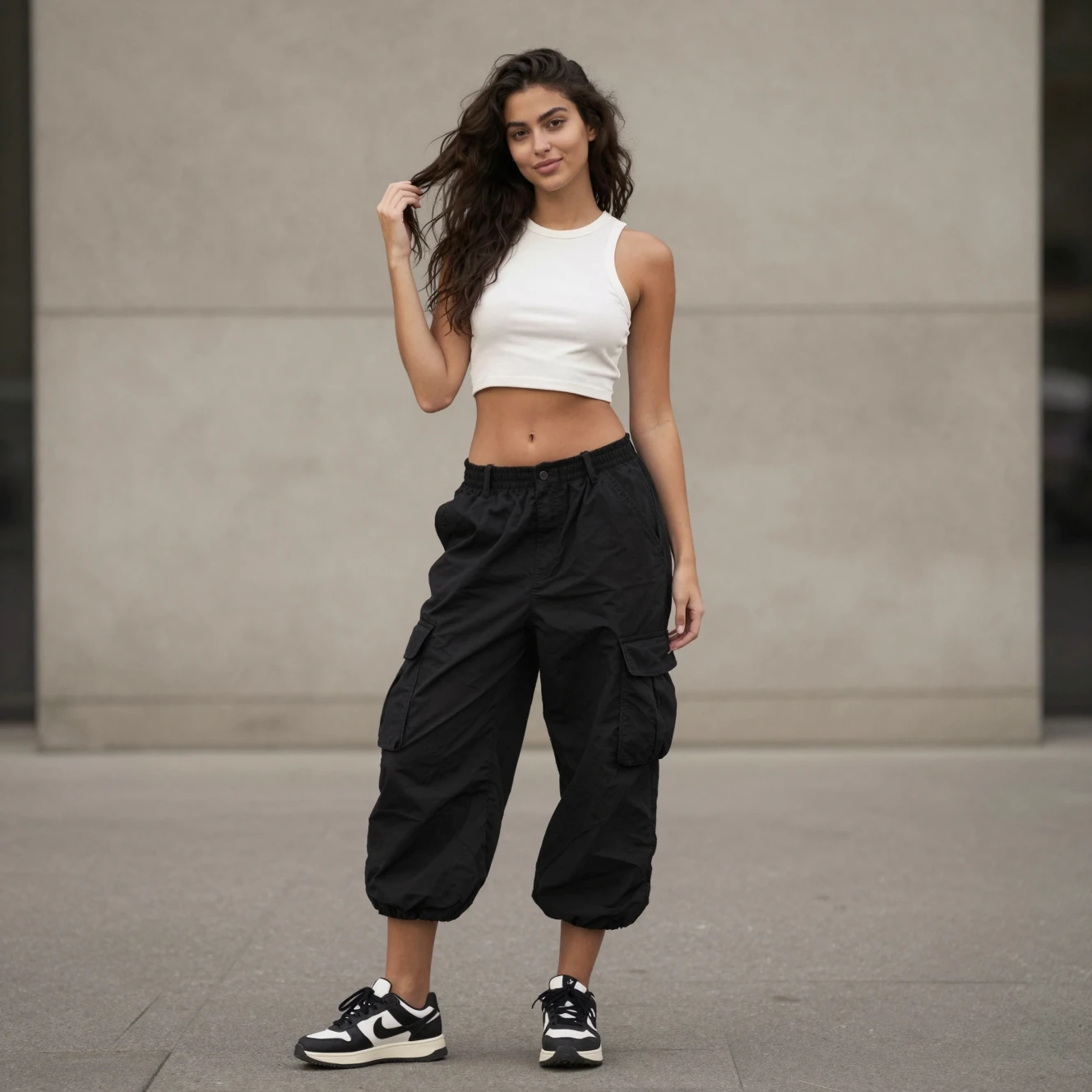 Young woman in cargo shorts and crop top on urban street