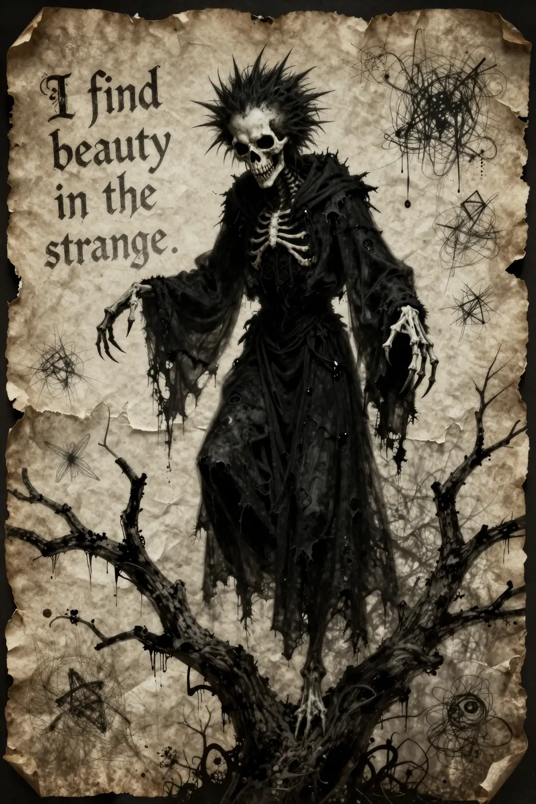 Creepy skeletal figure hovering on a twisted tree