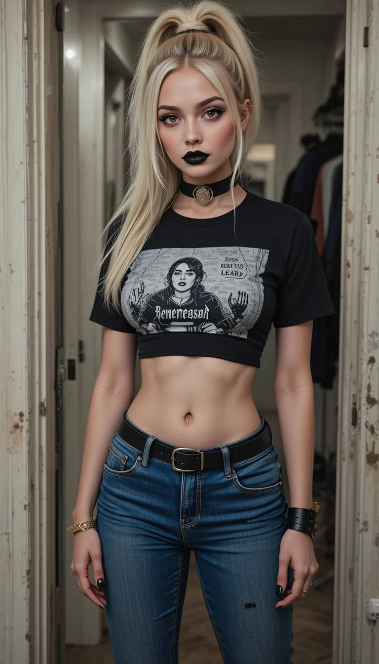 Gothic blonde girl in black crop top at doorway