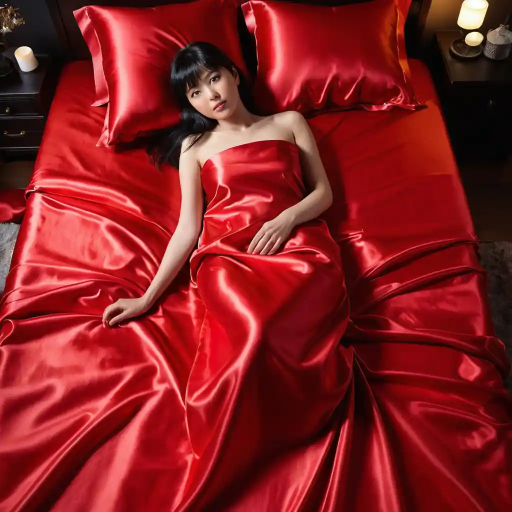 Japanese woman lying on red satin bed looking at viewer