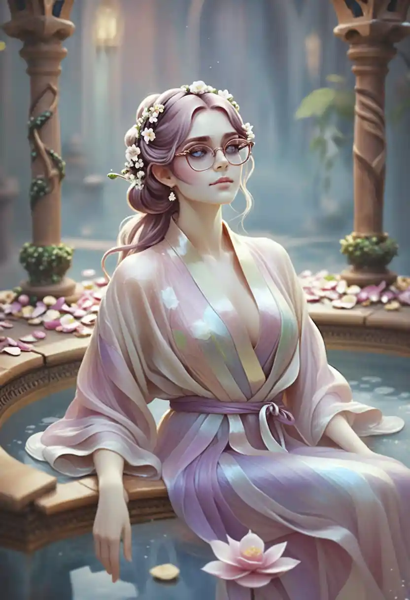 Woman relaxing in steamy marble hot spring with rose petals