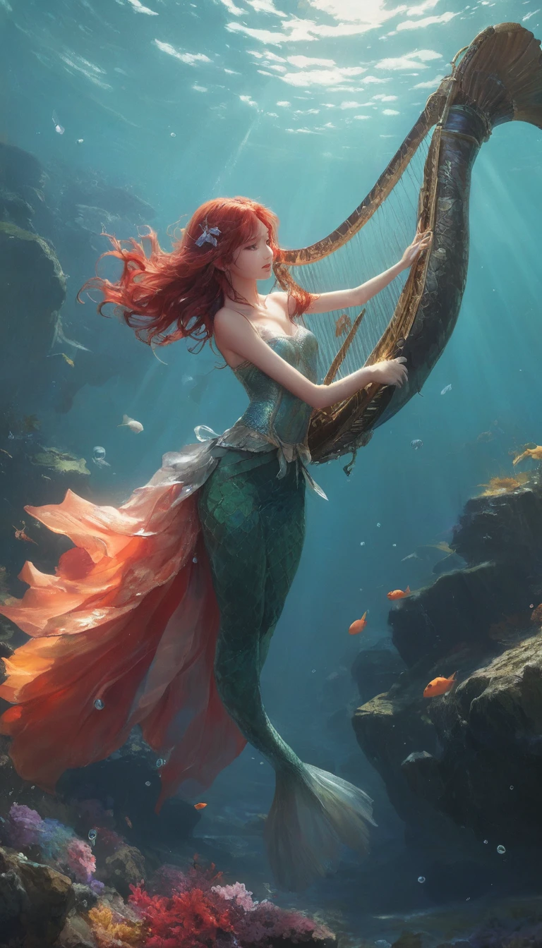 Playful mermaid dancing with a harp in shimmering waters