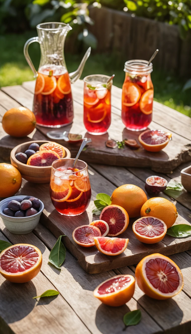 Summer fruit picnic spread on rustic wooden garden table