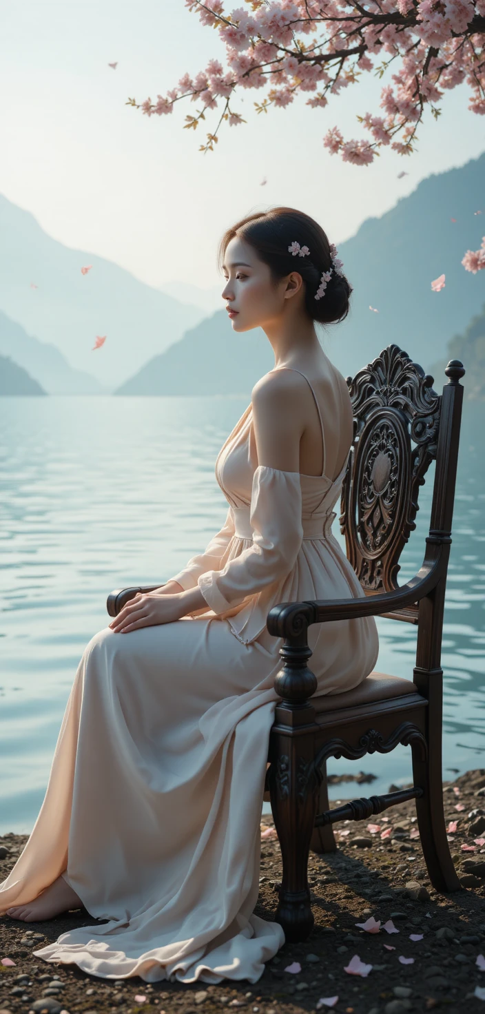 Japanese woman in pastel dress by a misty lakeside
