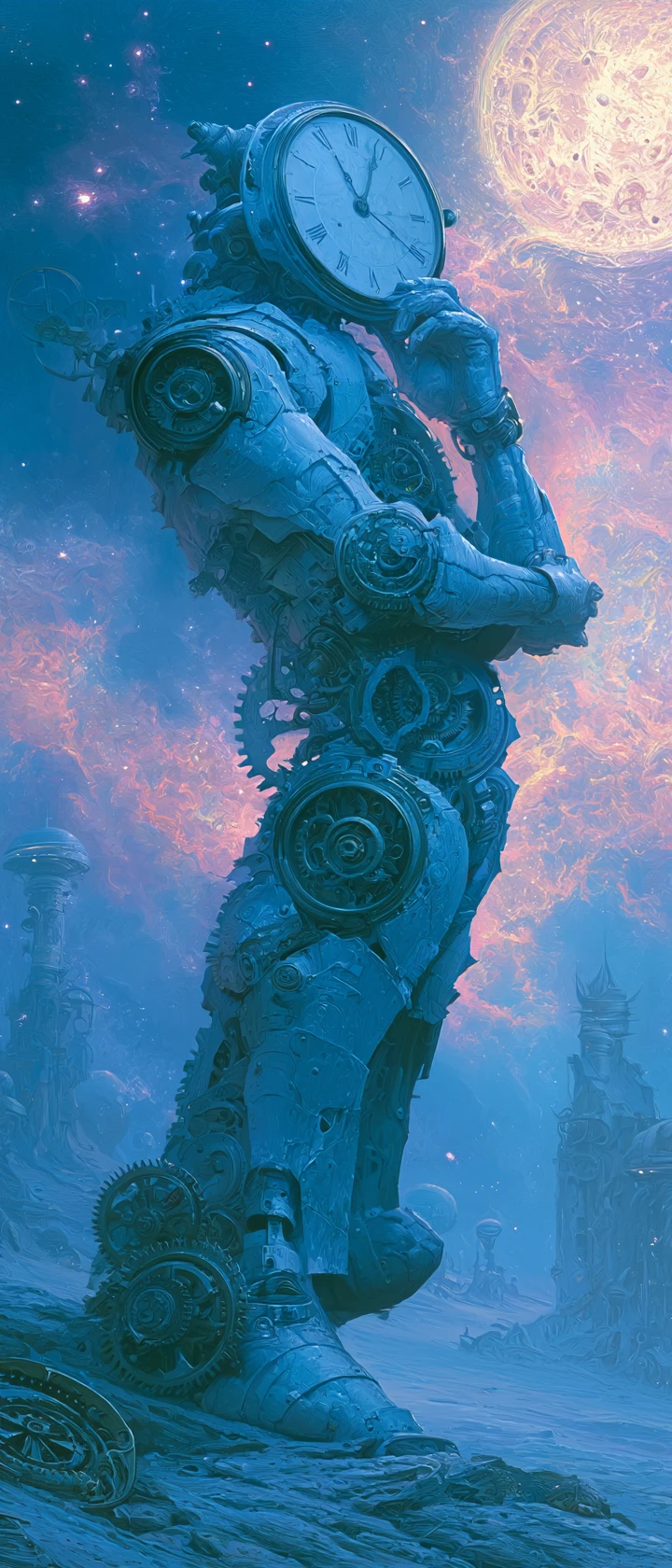 Celestial clockwork automaton on a lonely alien world