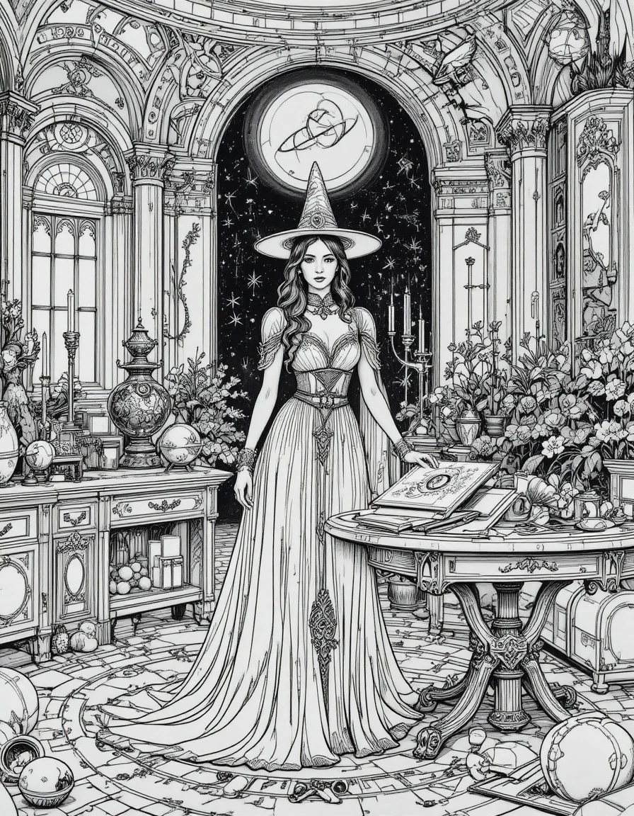 Redhead sorceress in a medieval astronomy chamber