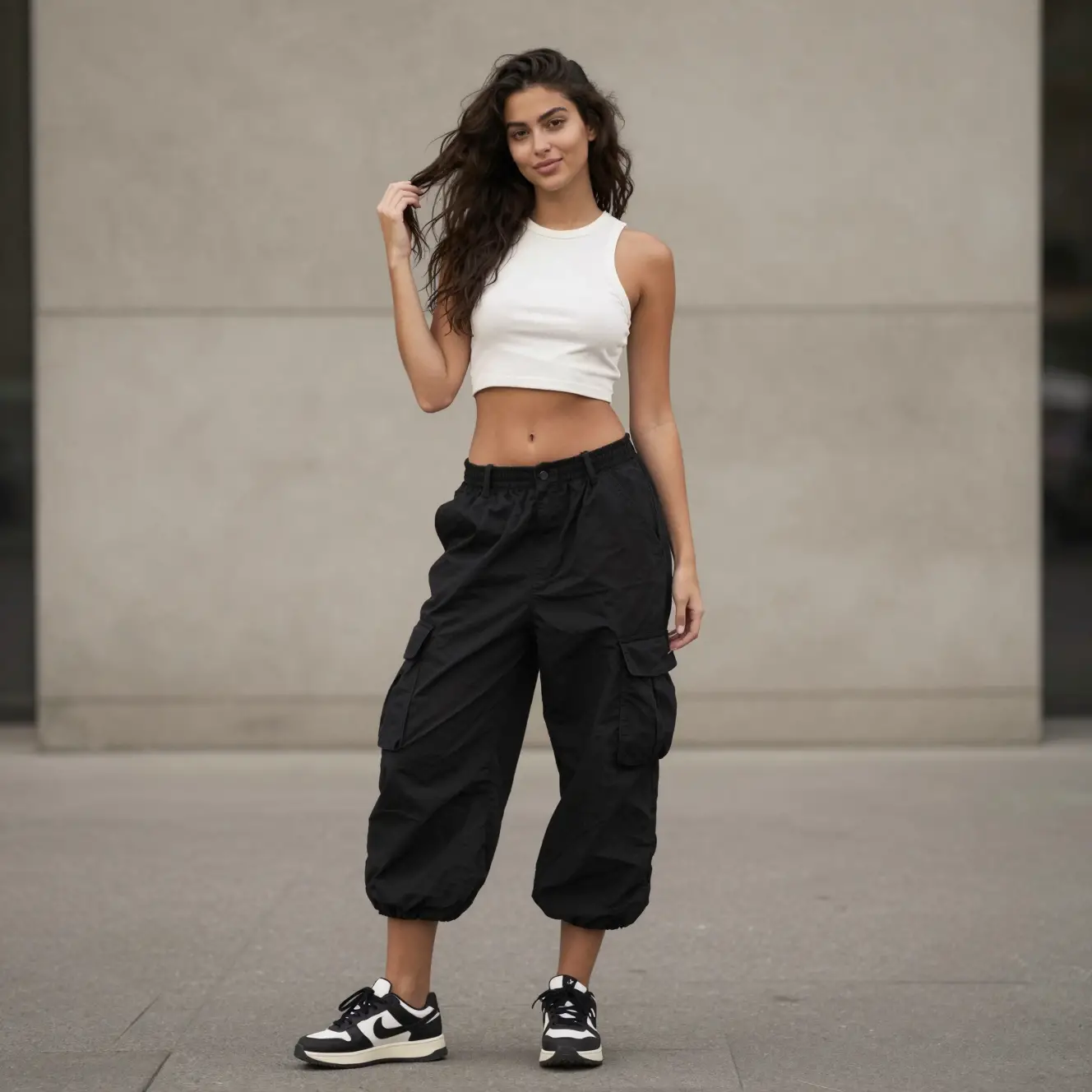 Young woman in cargo shorts and crop top on urban street