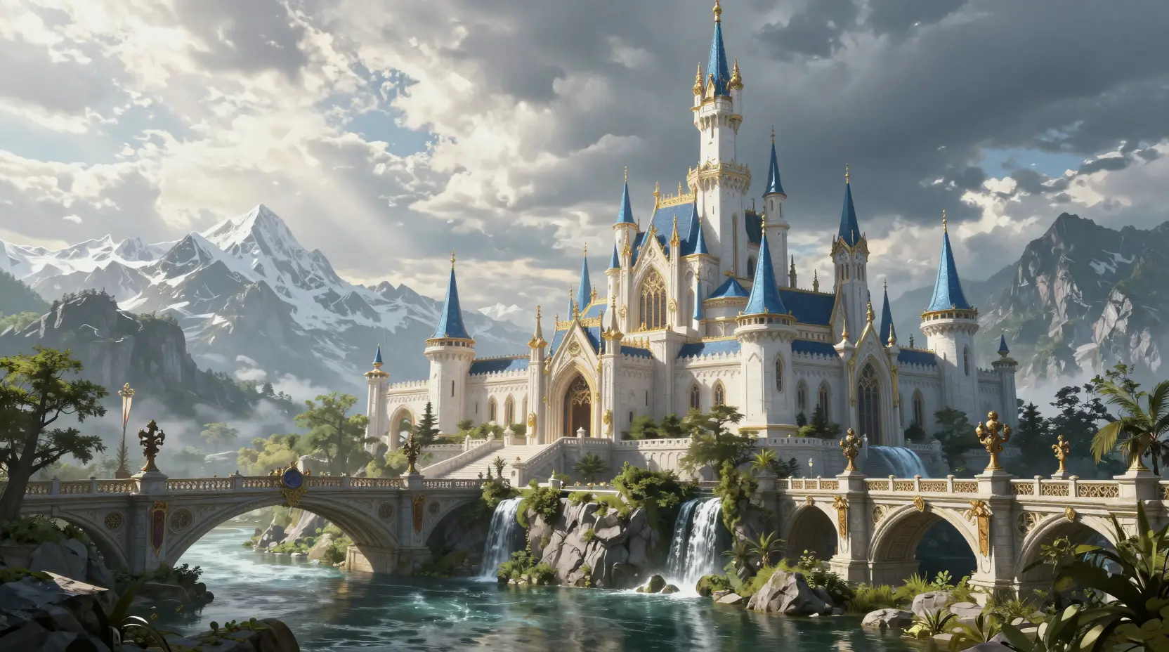 Majestic fantasy castle city rising from a mountain river