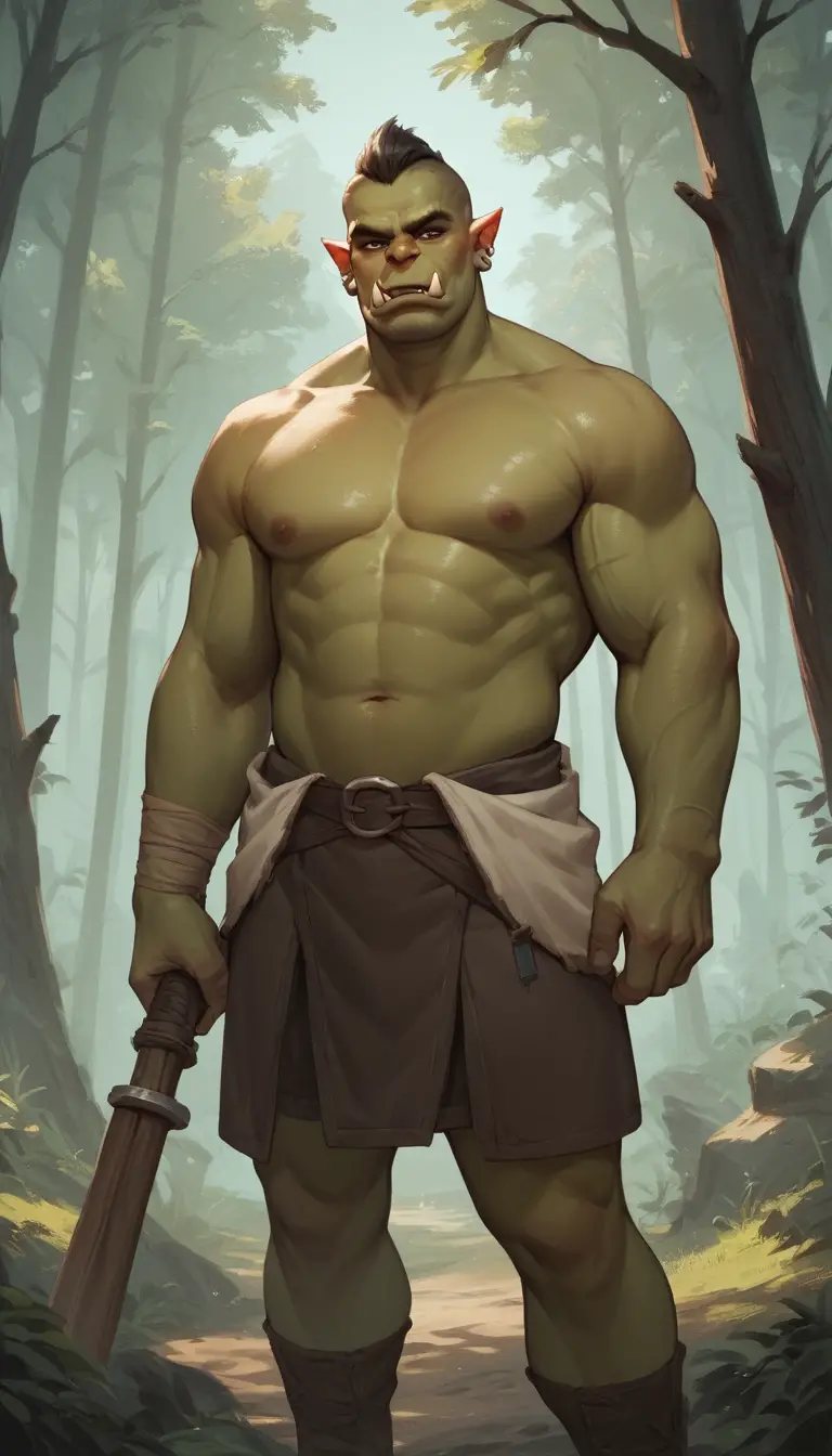 Orc warrior shown in strong side profile within a forest