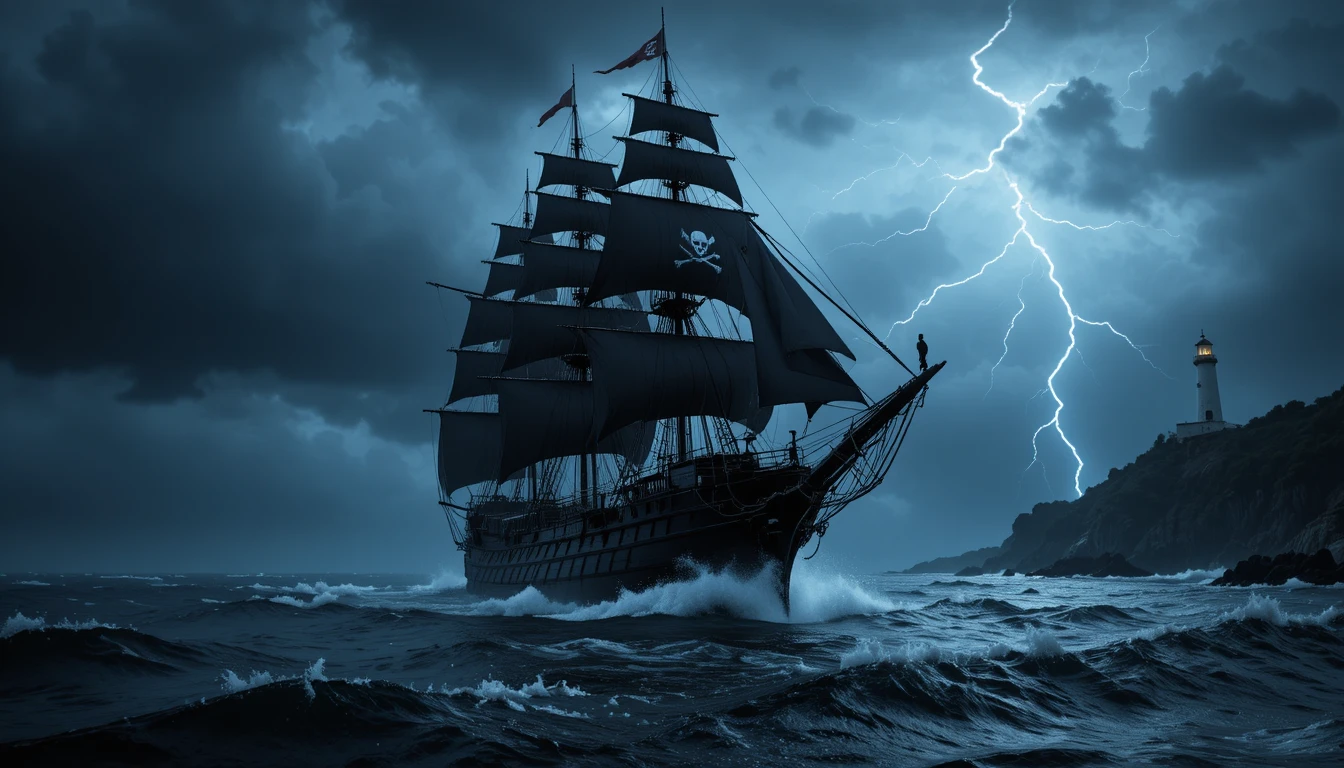 Black pirate ship battles stormy ocean under lightning