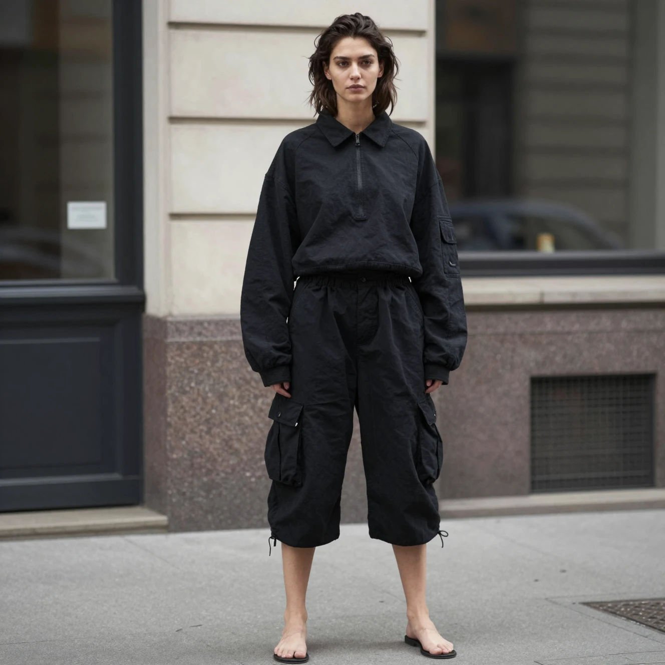 Young woman in cropped black cargo trousers on city street