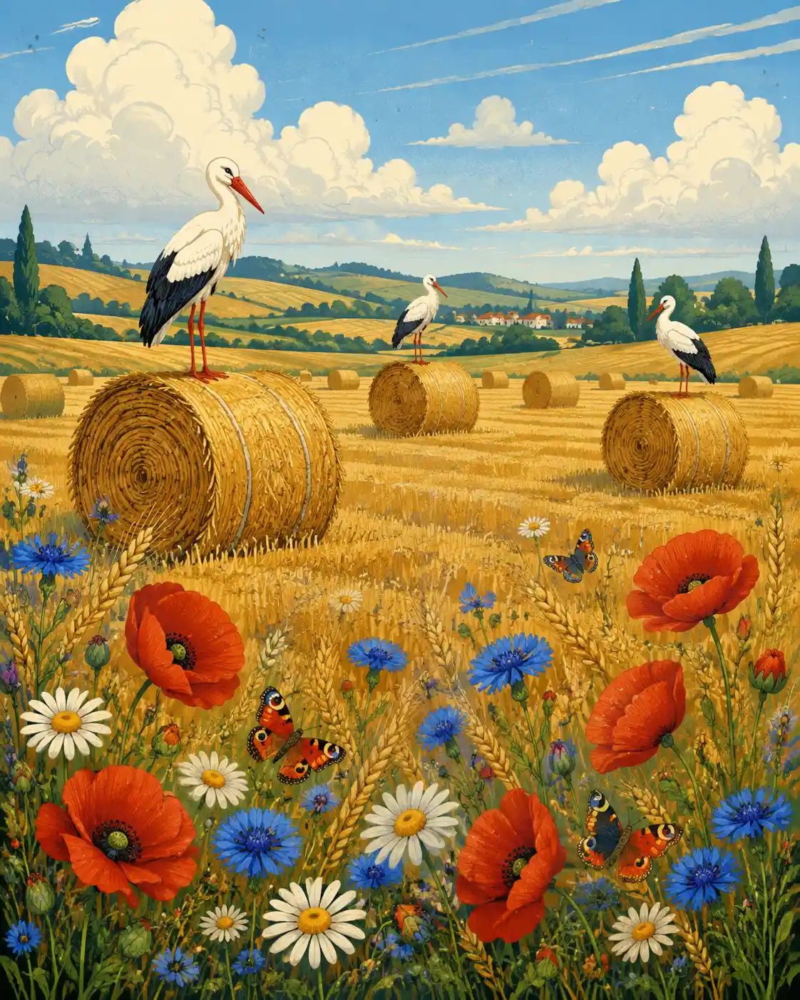 Whimsical storks on straw bales in a summer wheat field