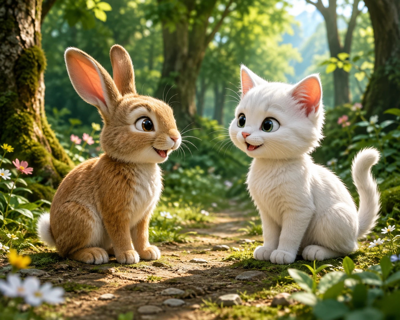Rabbit and white cat smiling in a green forest