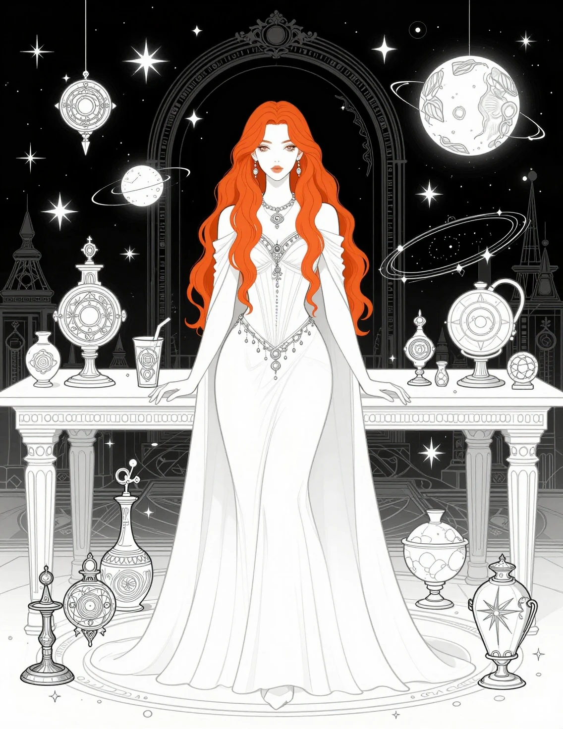Red haired sorceress in a lavish astronomy chamber