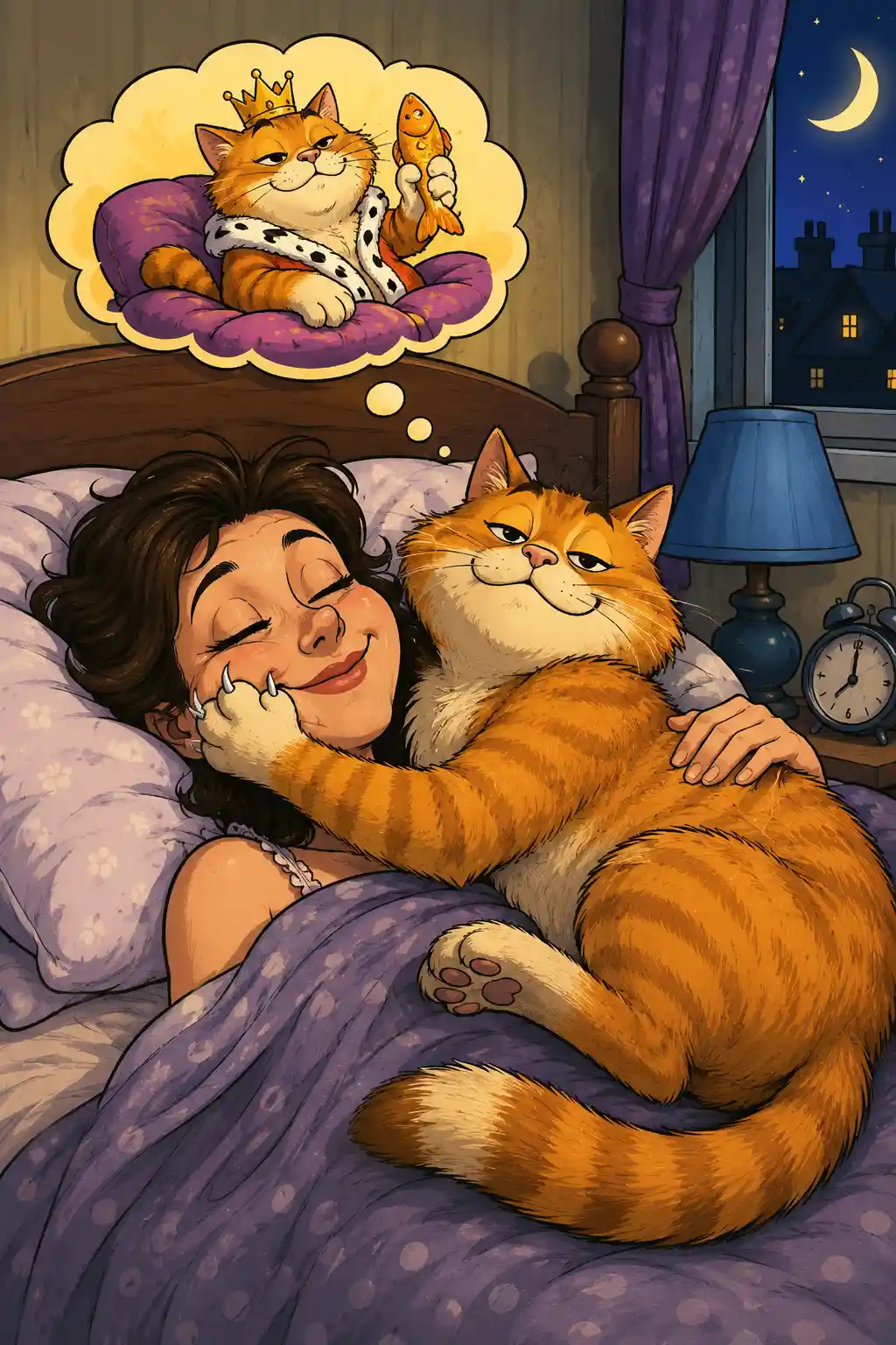 Playful cartoon cat illustration with paw resting on pillow