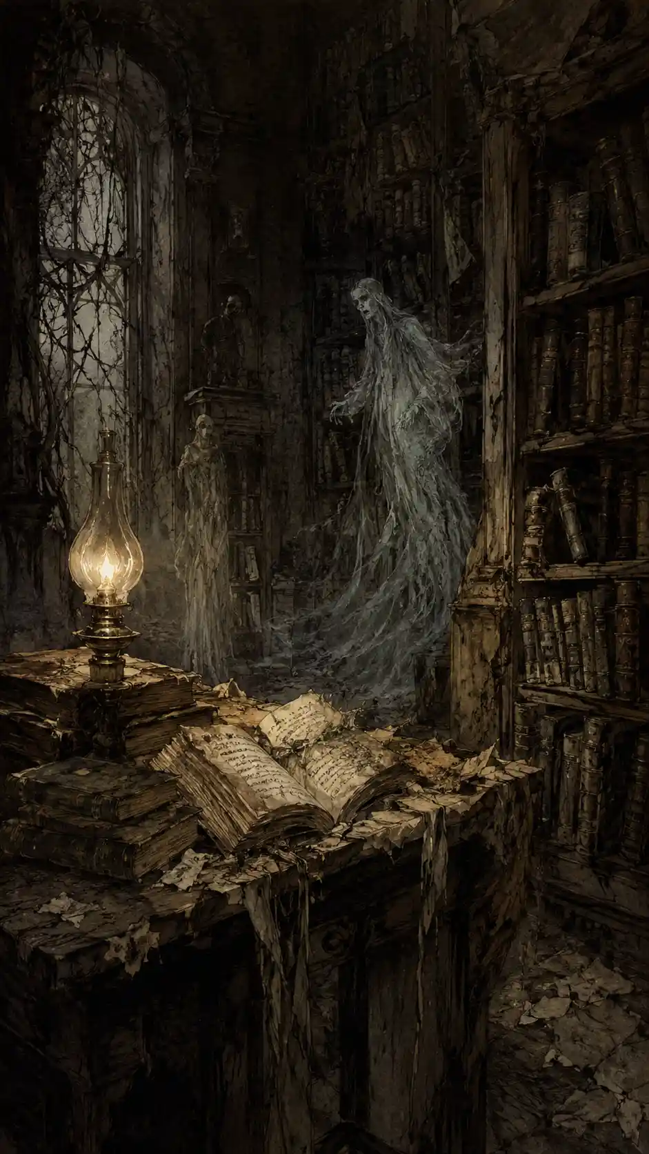 Forgotten library under a single flickering gas lamp