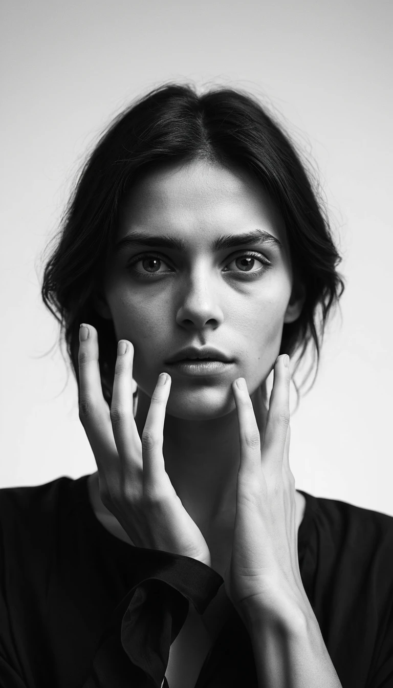 Surreal low angle portrait with enlarged hand in monochrome