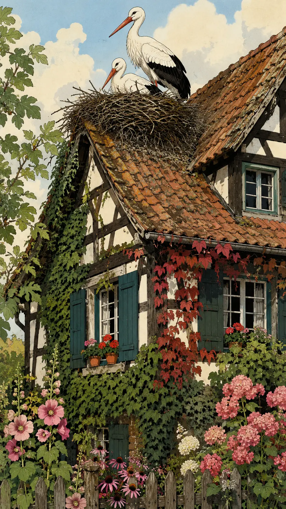 Close up of stork pair nesting on charming timbered house roof