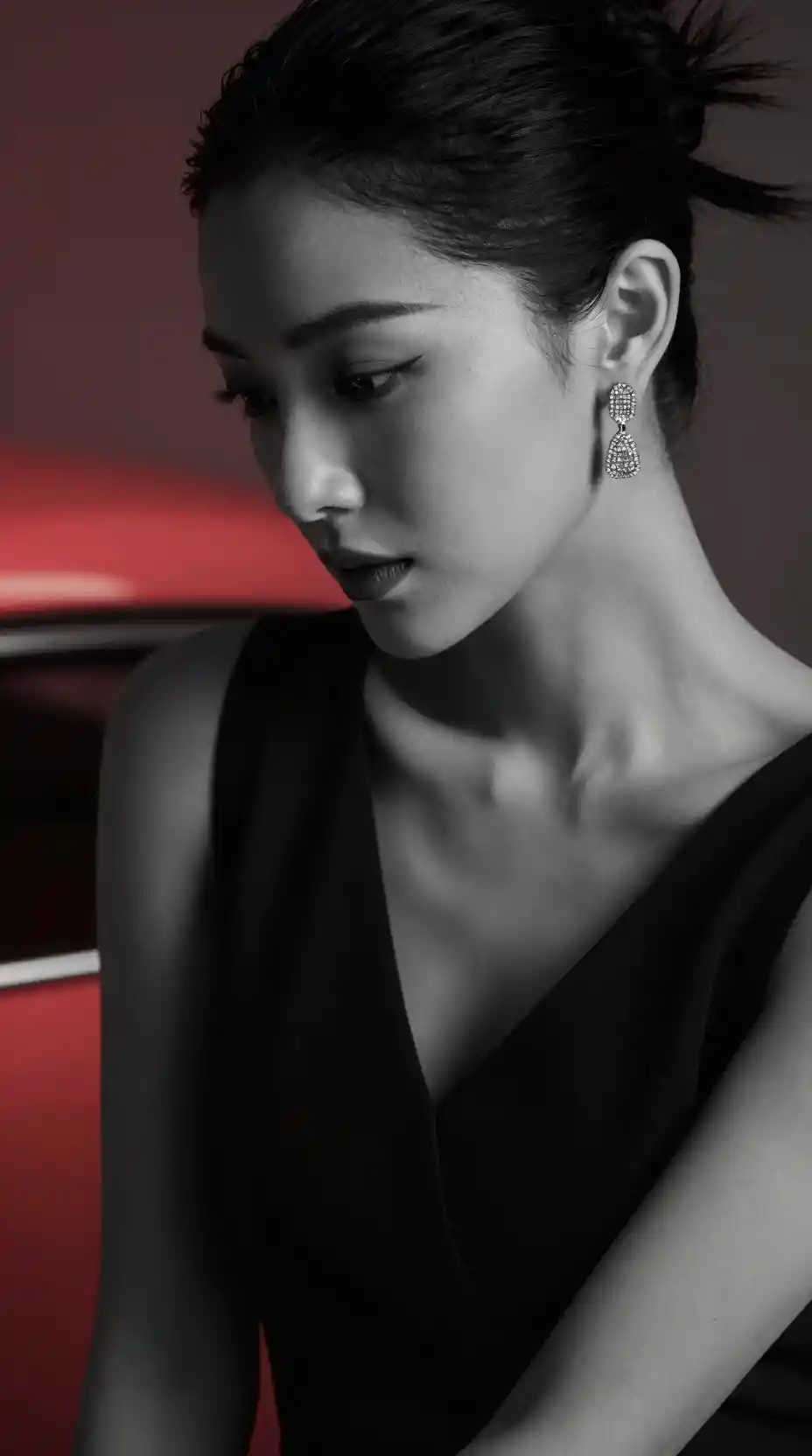 Cinematic black and white portrait of an elegant woman