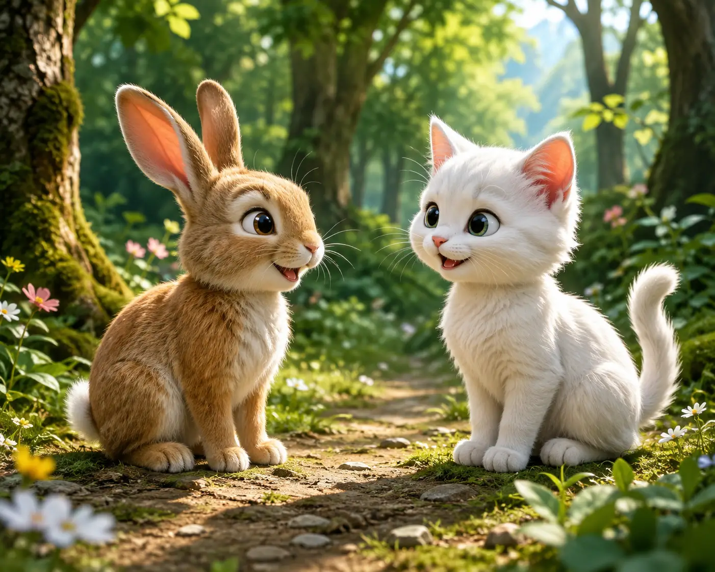 Rabbit and white cat smiling in a green forest