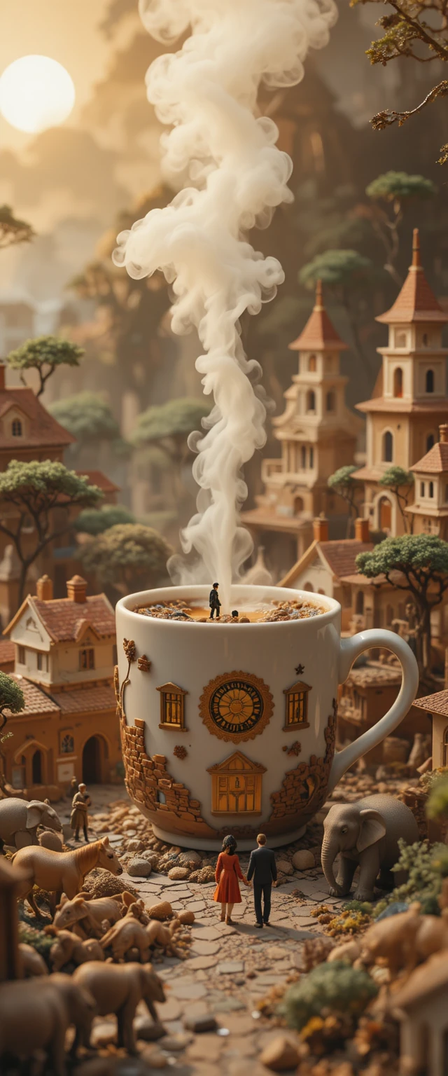 Giant latte rising above a whimsical miniature cityscape