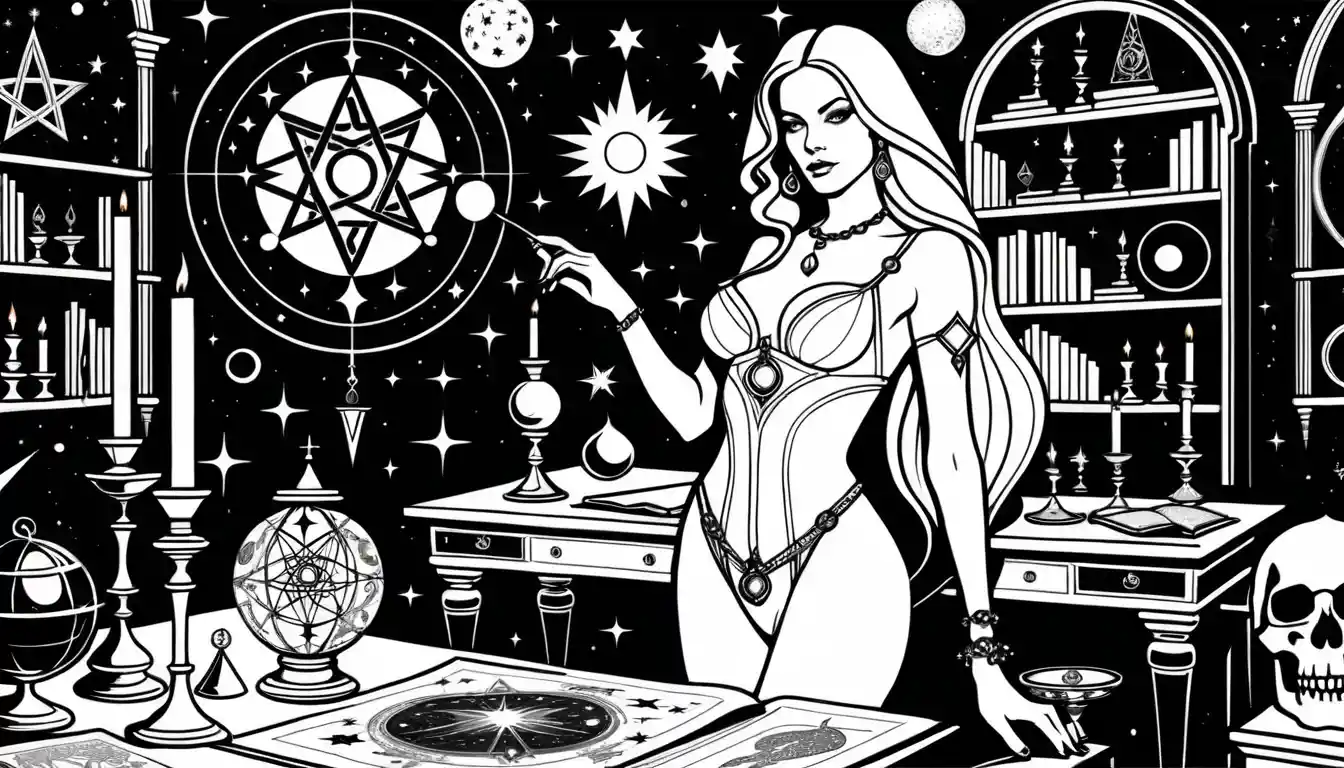 Blonde Zauberin in einer luxuriösen, astronomieinspirierten Kammer