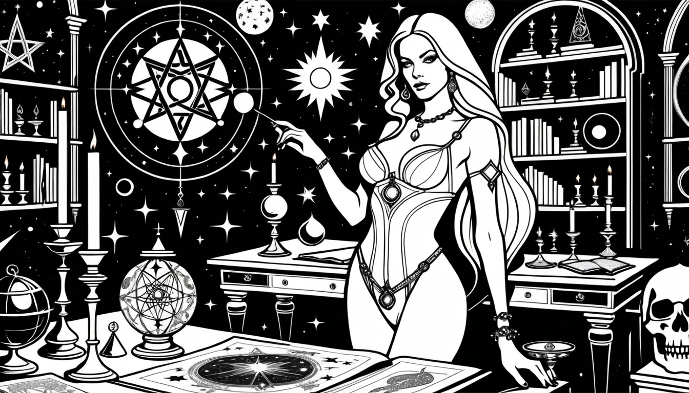 Blonde sorceress in a luxurious astronomy themed chamber