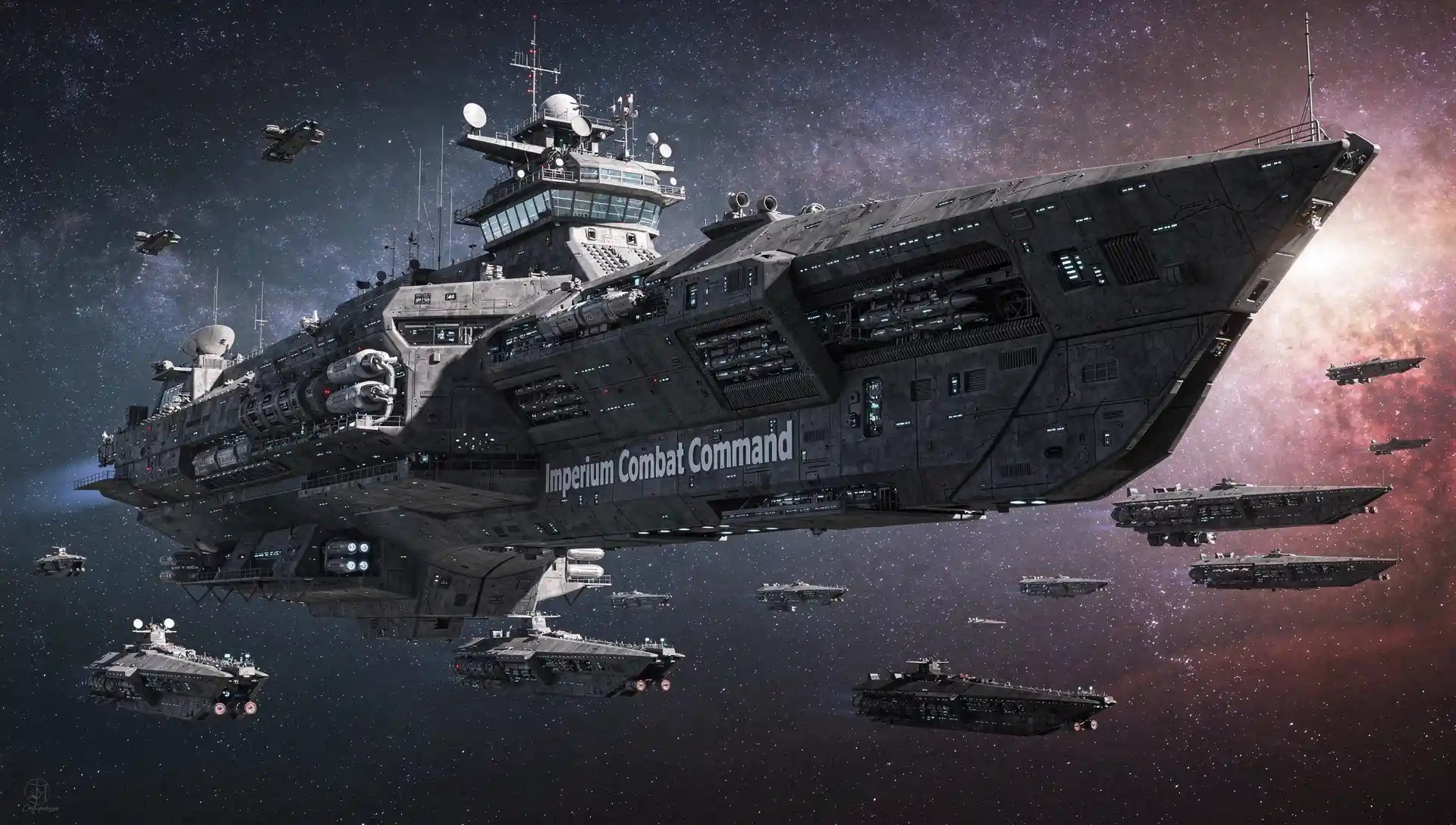 Massive futuristic warship cruising through deep outer space