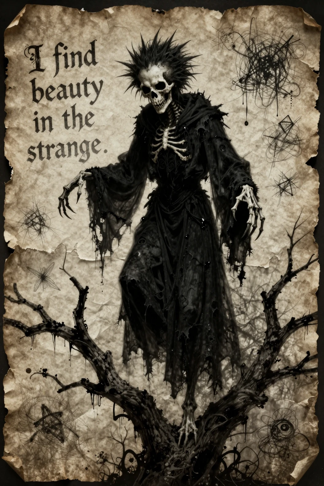 Creepy skeletal figure hovering on a twisted tree