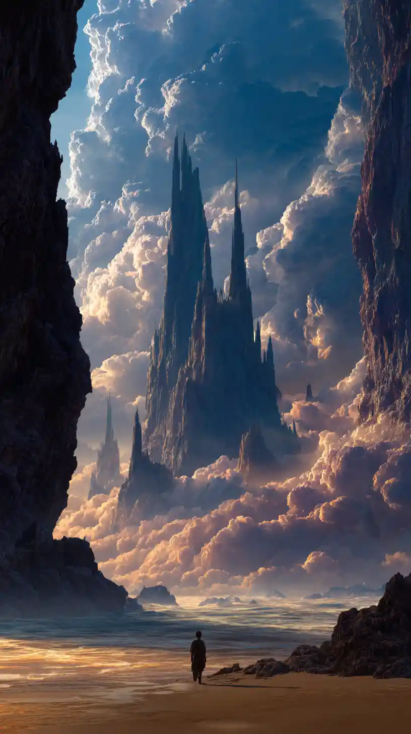Surreal fantasy landscape of inverted mountains above clouds