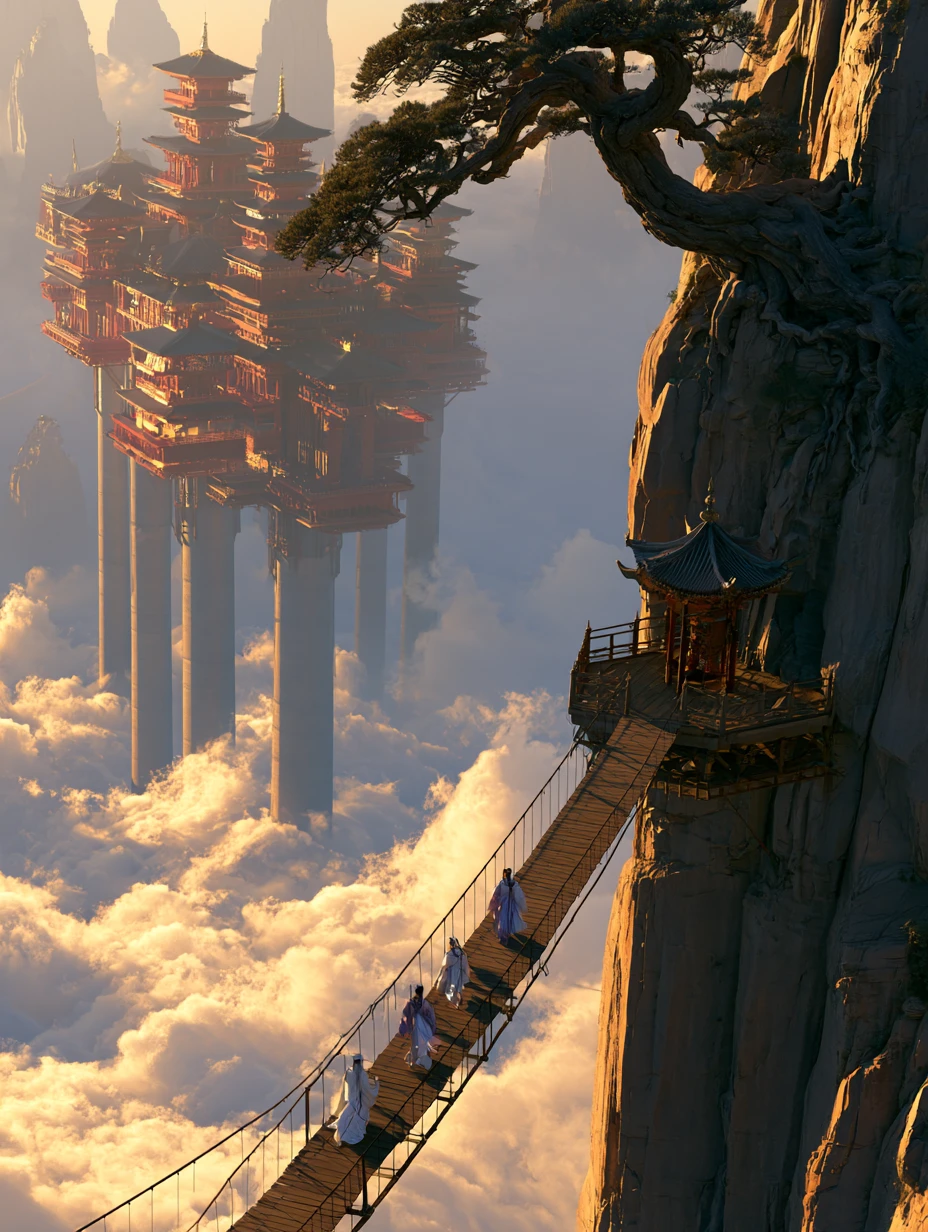 Floating red palaces above golden clouds with cliff bridge