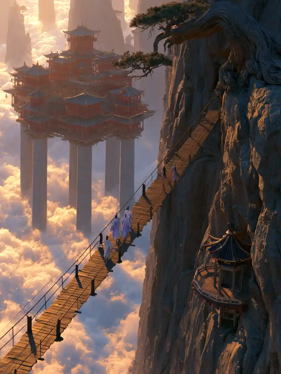 Floating Chinese palaces above golden clouds with cliff bridge