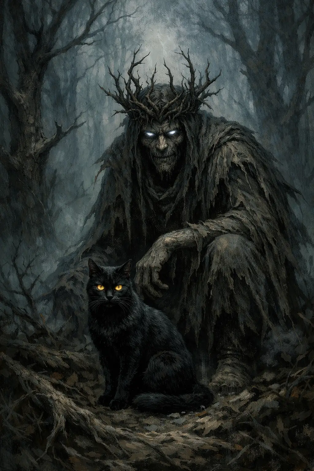 Gaunt Forest Monster With Crown And Black Cat Companion