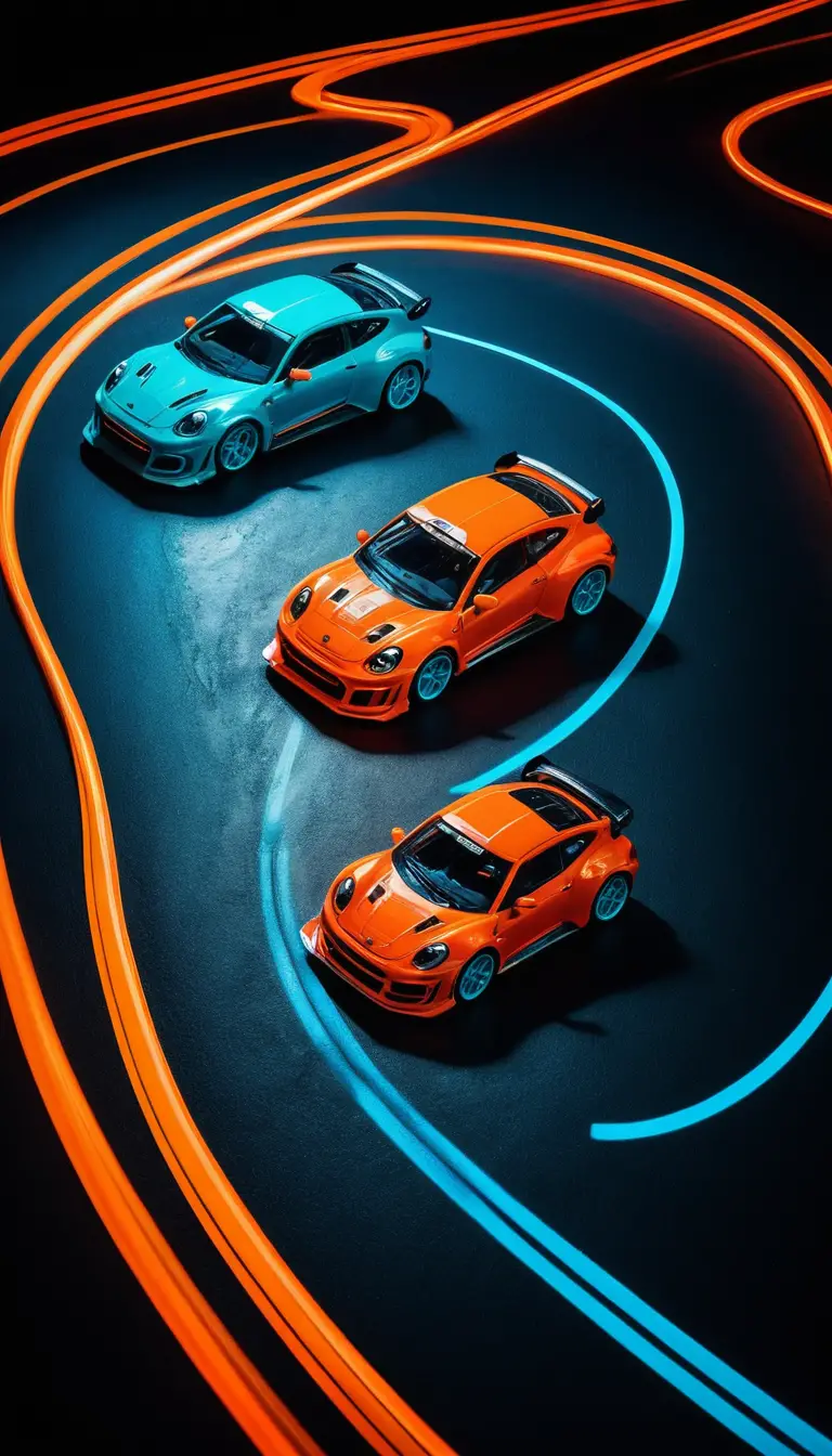 Miniature rally cars racing with neon light trails