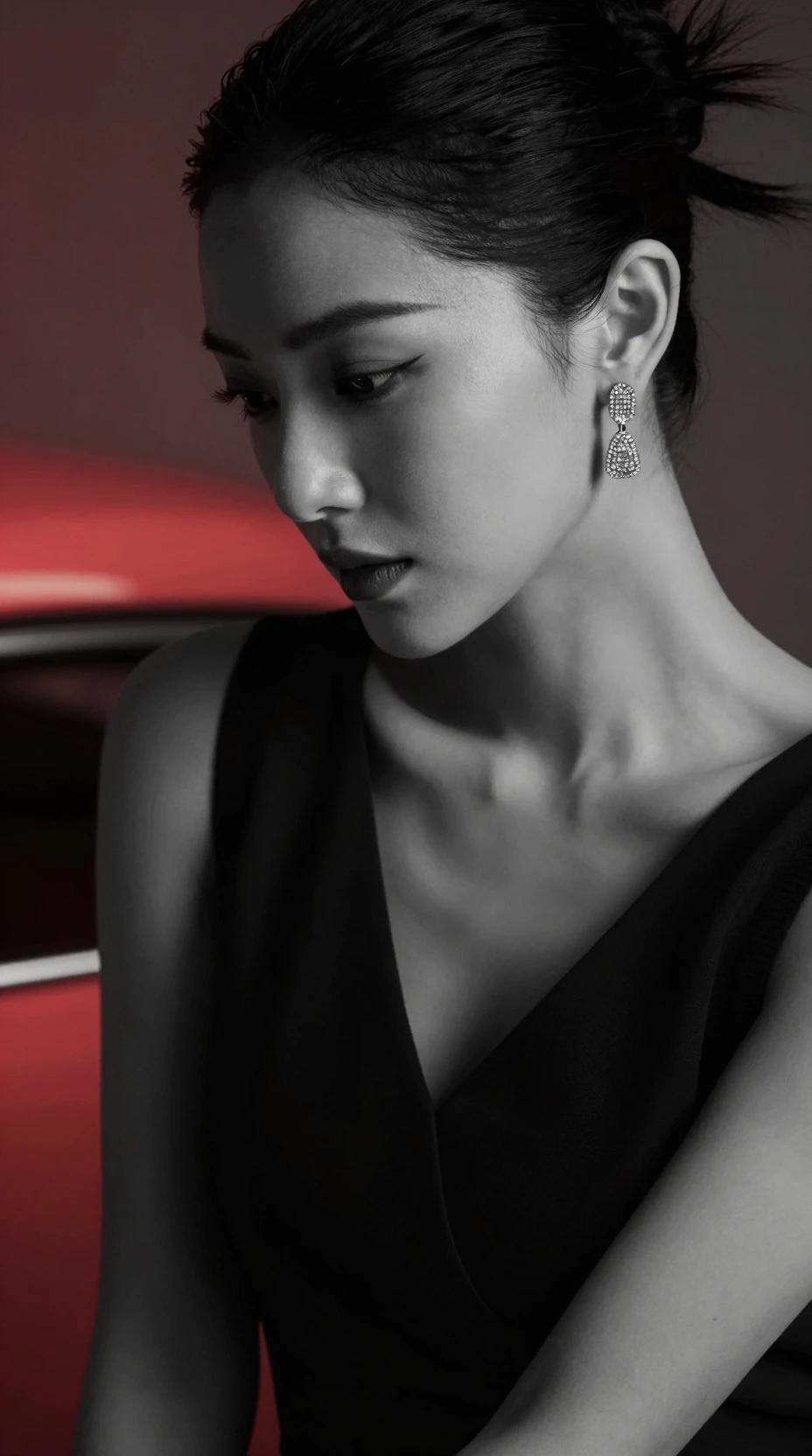 Cinematic black and white portrait of an elegant woman