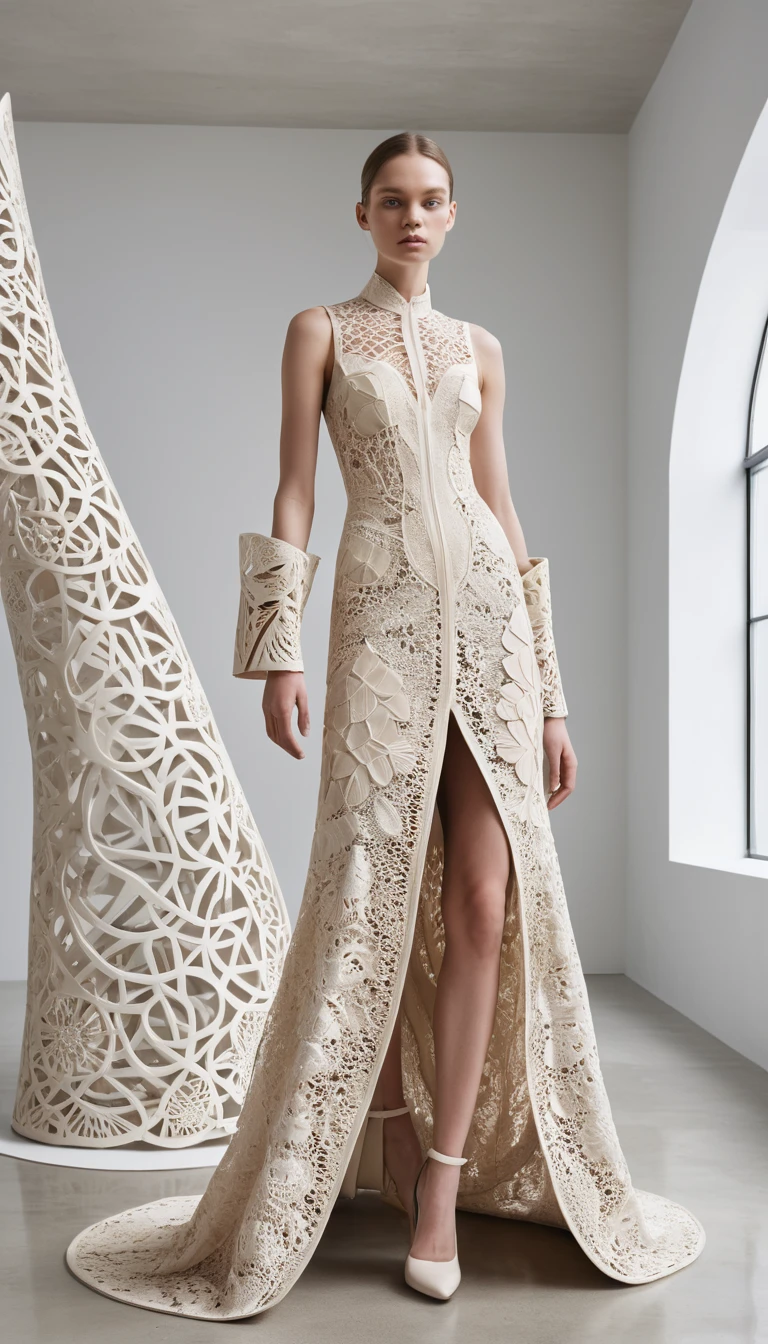 Avant garde couture model in sculptural cream lace gown
