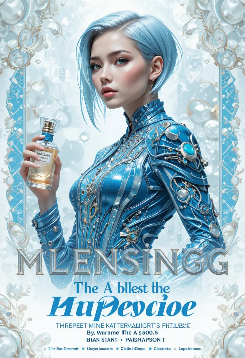 Elegant woman in blue holding a Tiffany perfume bottle