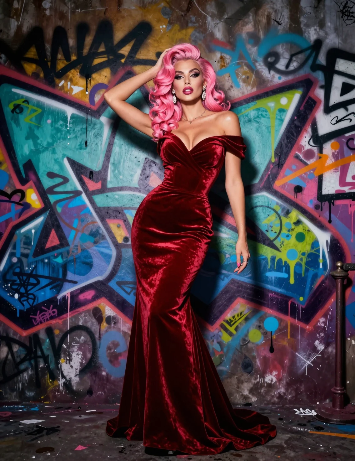 Moody pink haired model in an opulent gala gown