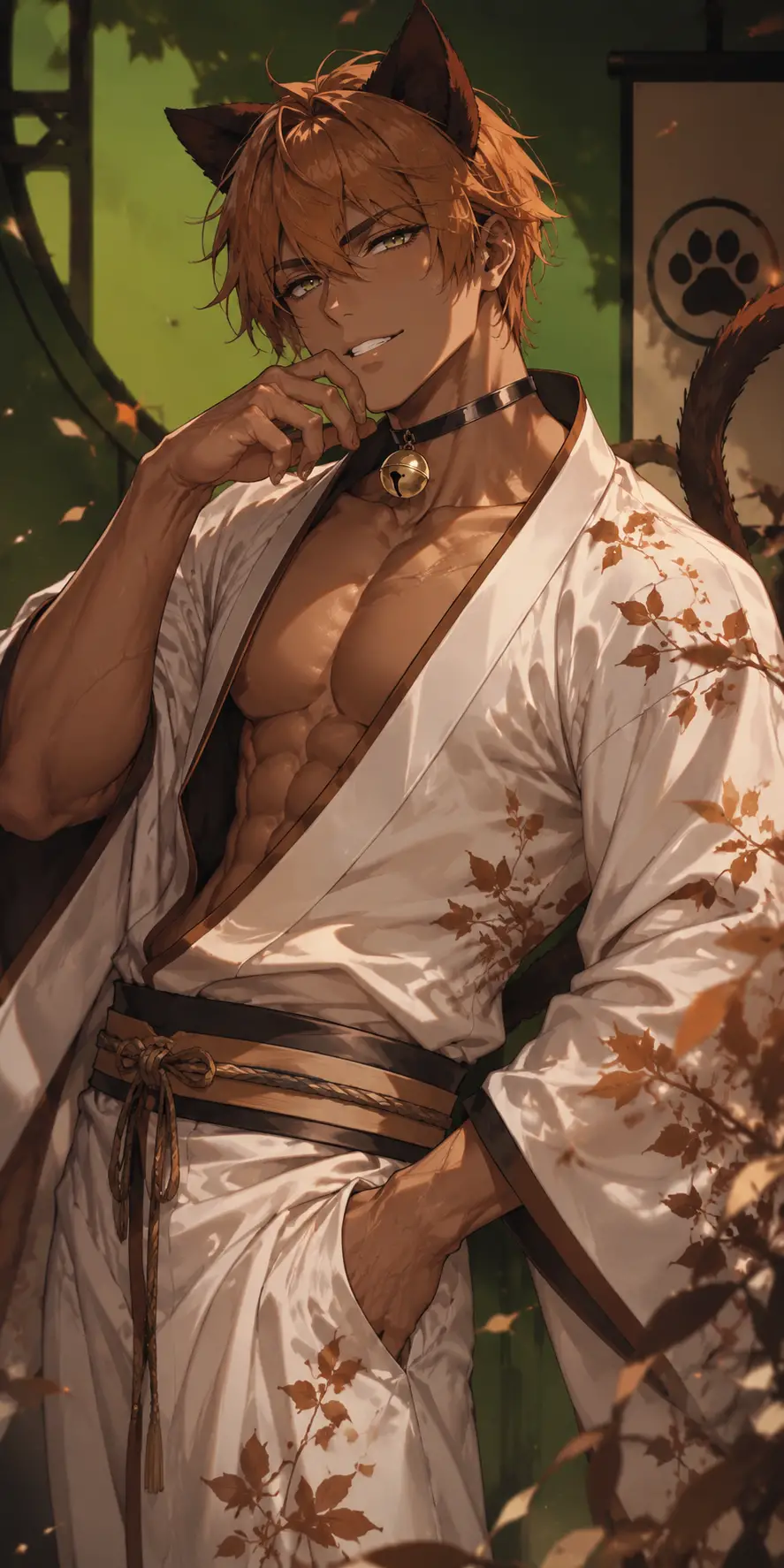 Confident muscular cat eared man in white leaf kimono