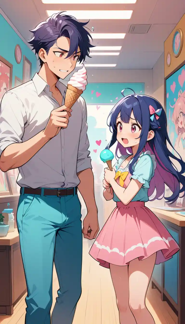 Awkward anime date with melting ice cream on stage